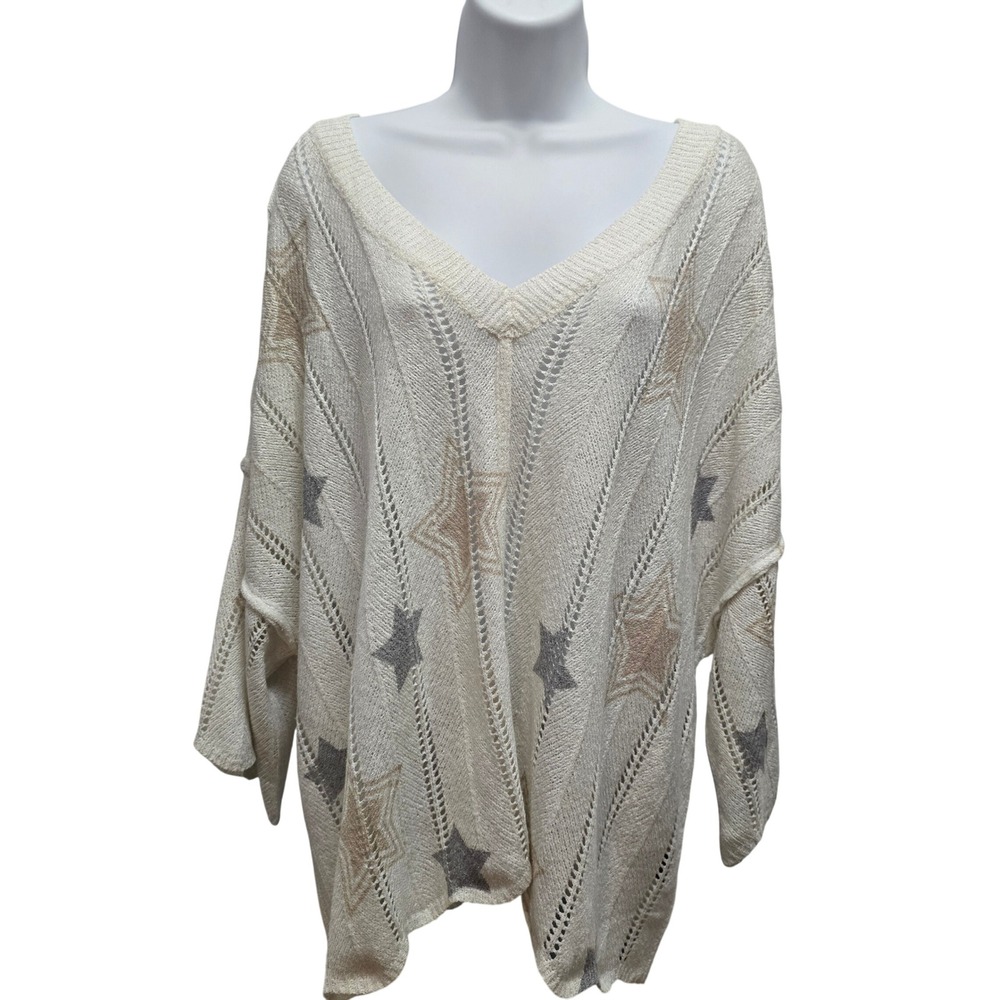 POL Womens Star Print Oversized Open Knit V-Neck Sweater Coastal Cream Small